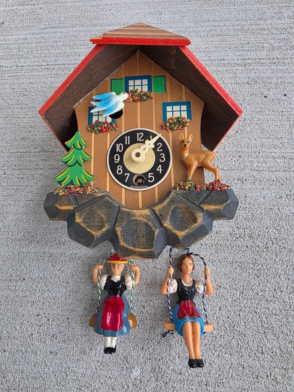 Vintage German Mini Cuckoo Clock Jengsler Made In Germany Swinging Figures Black